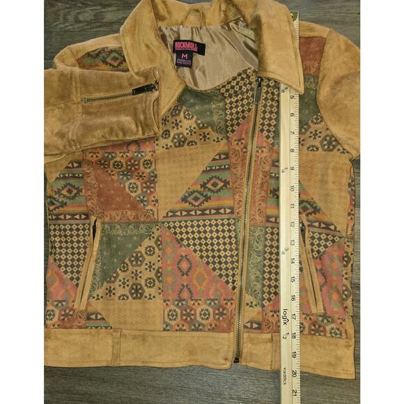 Rock & Roll Denim Southwestern Aztec Patchwork Faux Suede Moto Jacket Women’s M - Picture 8 of 11